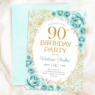 Floral 90th Birthday Turquoise Gold Invitation