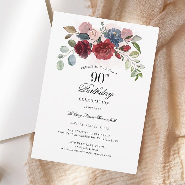 Floral 90th Birthday Watercolor Bloom Party Invitation (Floral 90th Birthday Watercolor Bloom Party Invitation)