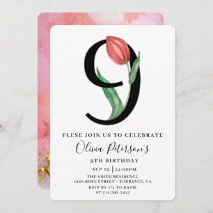 Floral 9th Birthday With Custom Photo Invitation 