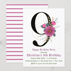 Floral 9th Typography Birthday Invitations