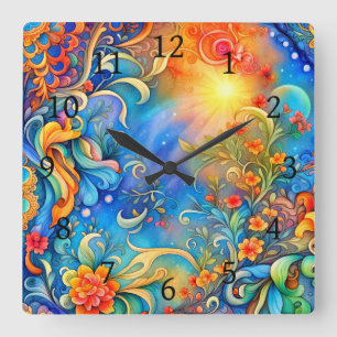 Floral Abstract 72 Blue Orange Square Wall Clock