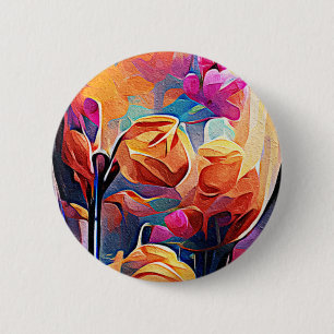 Floral Abstract Art Orange Red Blue Flowers 2 Inch Round Button