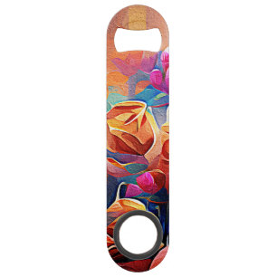 Floral Abstract Art Orange Red Blue Flowers Bar Key