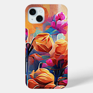 Floral Abstract Art Orange Red Blue Flowers iPhone 15 Mini Case