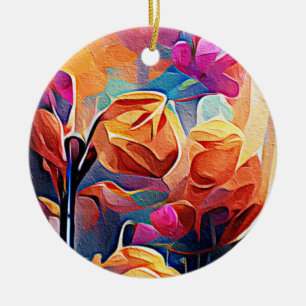 Floral Abstract Art Orange Red Blue Flowers Ceramic Ornament