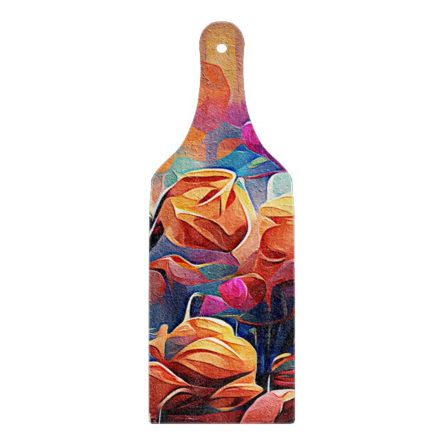 Floral Abstract Art Orange Red Blue Flowers Cutting Board (Front)