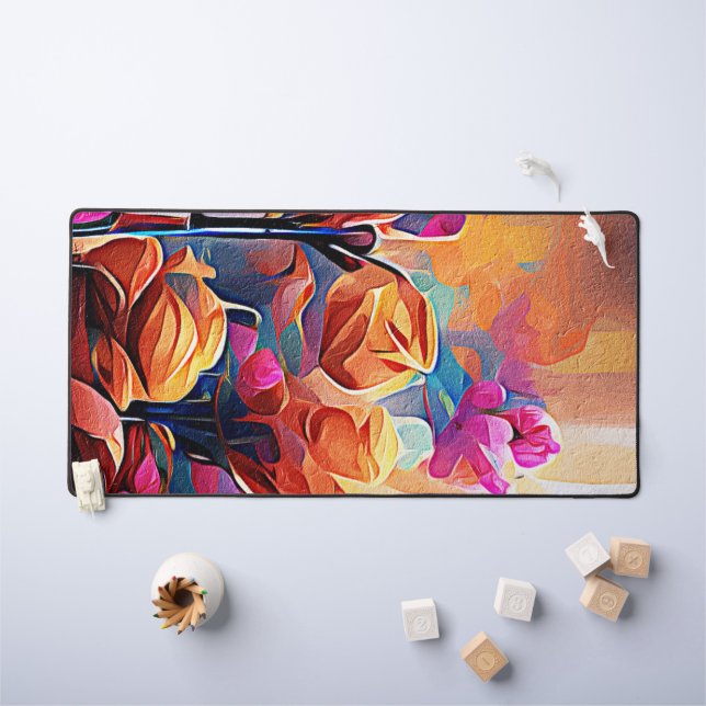 Floral Abstract Art Orange Red Blue Flowers Desk Mat (Kids Table)