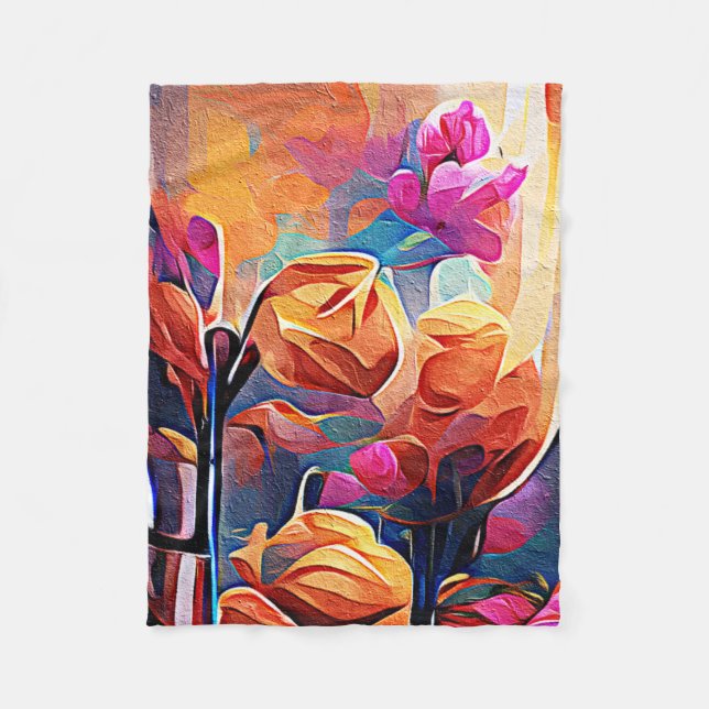 Floral Abstract Art Orange Red Blue Flowers Fleece Blanket (Front)