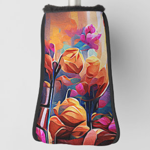 Floral Abstract Art Orange Red Blue Flowers Golf Head Cover