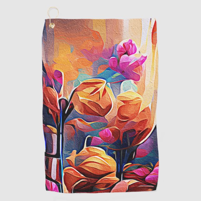 Floral Abstract Art Orange Red Blue Flowers Golf Towel (Front)