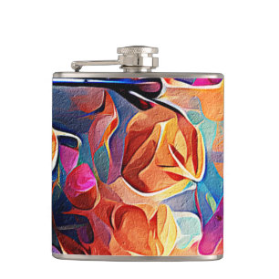 Floral Abstract Art Orange Red Blue Flowers Hip Flask