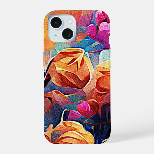 Floral Abstract Art Orange Red Blue Flowers iPhone 15 Case (Back)