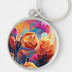 Floral Abstract Art Orange Red Blue Flowers Keychain