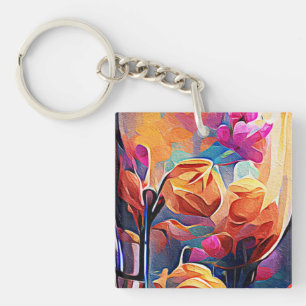 Floral Abstract Art Orange Red Blue Flowers Keychain