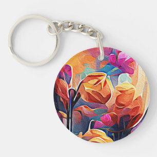 Floral Abstract Art Orange Red Blue Flowers Keychain