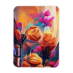 Floral Abstract Art Orange Red Blue Flowers Magnet