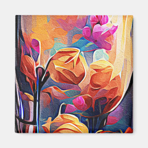 Floral Abstract Art Orange Red Blue Flowers Magnet