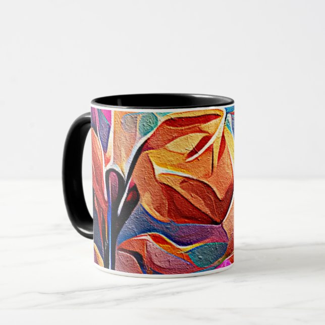 Floral Abstract Art Orange Red Blue Flowers Mug (Front Left)