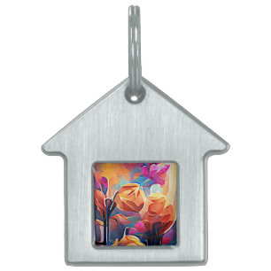 Floral Abstract Art Orange Red Blue Flowers Pet ID Tag