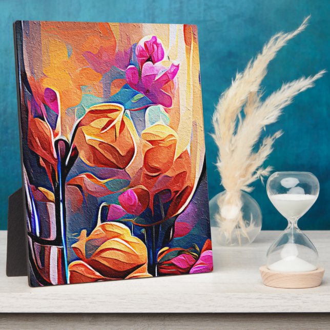 Floral Abstract Art Orange Red Blue Flowers Plaque (Side)