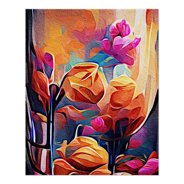 Floral Abstract Art Orange Red Blue Flowers Poster (Front)