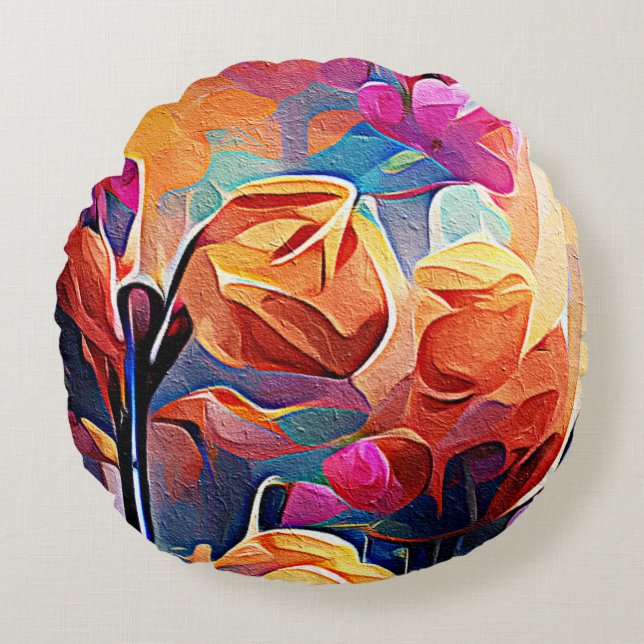 Floral Abstract Art Orange Red Blue Flowers Round Pillow (Front)