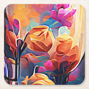 Floral Abstract Art Orange Red Blue Flowers Square Paper Coaster