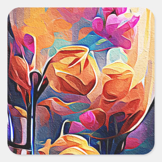 Floral Abstract Art Orange Red Blue Flowers Square Sticker (Front)