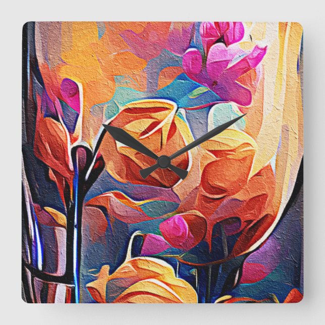 Floral Abstract Art Orange Red Blue Flowers Square Wall Clock (Front)