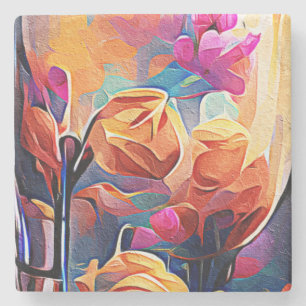 Floral Abstract Art Orange Red Blue Flowers Stone Coaster