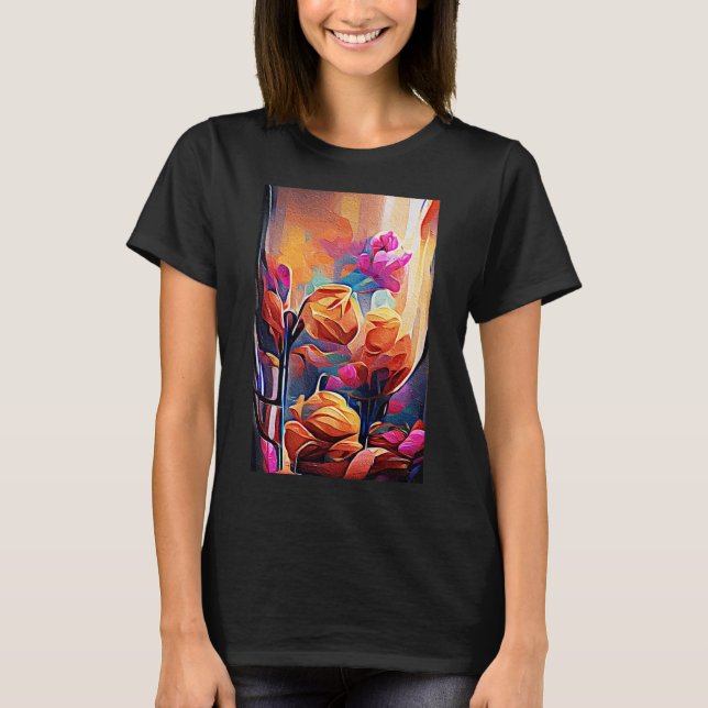 Floral Abstract Art Orange Red Blue Flowers T-Shirt (Front)