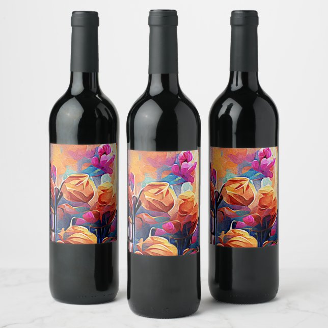 Floral Abstract Art Orange Red Blue Flowers Wine Label (Bottles)