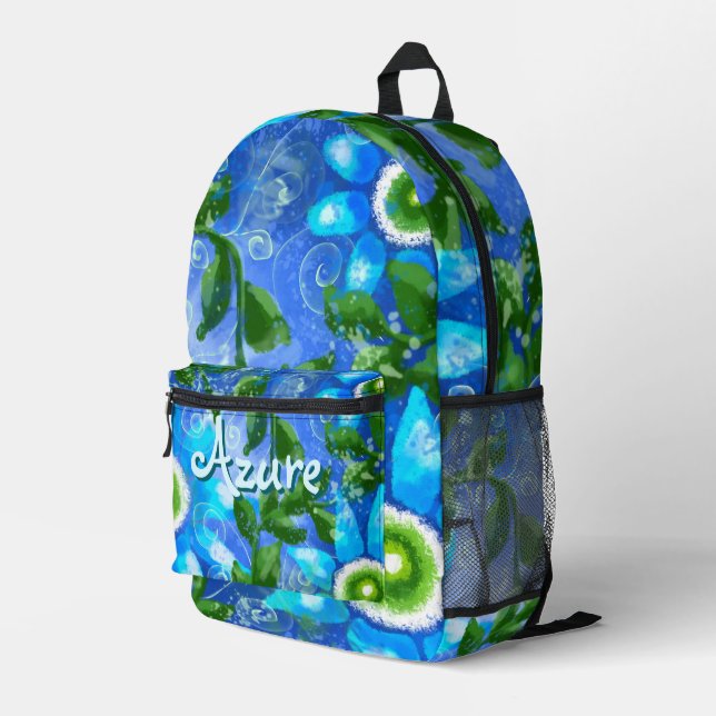 Floral Abstract Blue Green Flowers Personalized Printed Backpack (Back Corner Right)