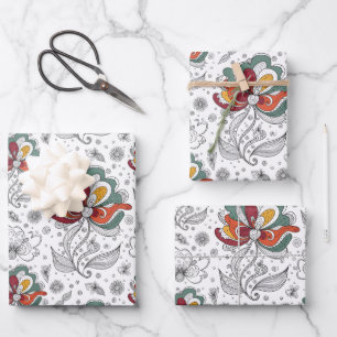 Floral Abstract Doodle Art Style Green Red Yellow  Wrapping Paper Sheet