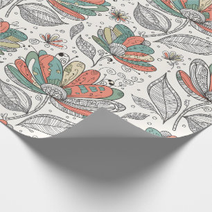 Floral Abstract Doodle Art Style Peach Green Beige Wrapping Paper