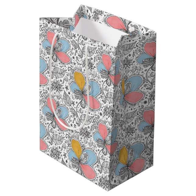 Floral Abstract Doodle Art Style Pink Blue Yellow Medium Gift Bag (Back Angled)