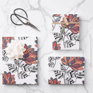 Floral Abstract Doodle Art Style Purple Rust Peach Wrapping Paper Sheet