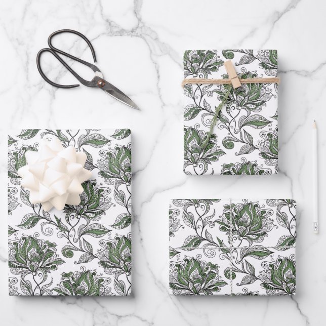 Floral Abstract Doodle Art Style Shades of Green Wrapping Paper Sheet (Front)