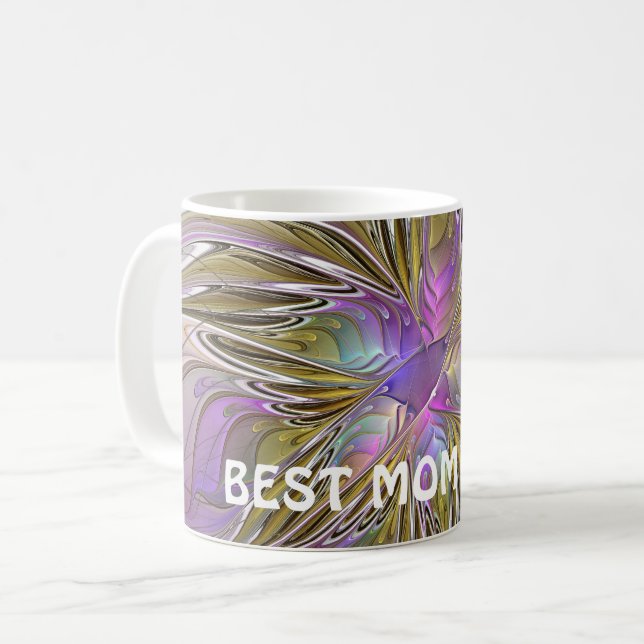 Floral Abstract Fractal With Pink & Gold Best Mom Coffee Mug (Front Left)