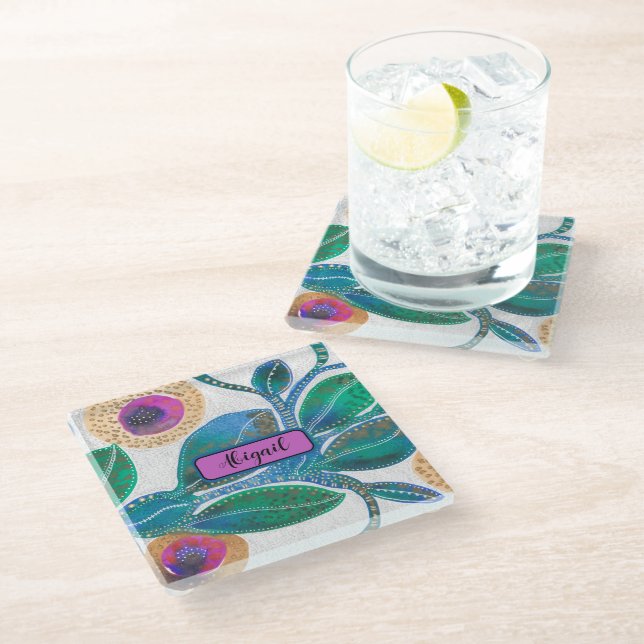 Floral abstract jungle watercolour, your name glass coaster (Angled)