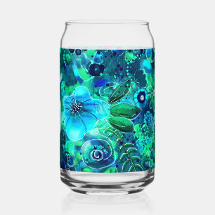 Floral Abstract Pattern Blue Green Teal Flowers Can Glass