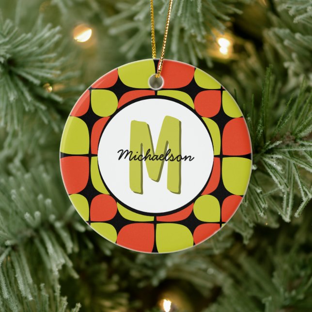 Floral Abstract Retro Pattern Monogrammed Ceramic Ornament (Tree)