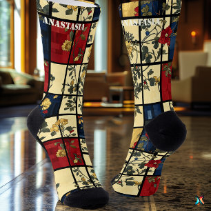 Floral Abstract with Vintage Geometric Pattern Socks