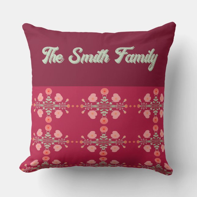 Floral Accented Burgundy Throw Pillow (Front)
