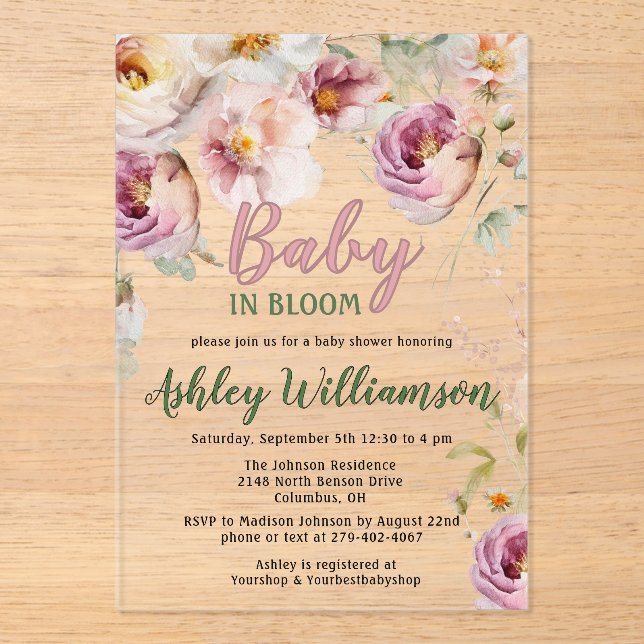 Floral Acrylic Pink Girl Baby in Bloom Shower   Acrylic Invitations (Front)
