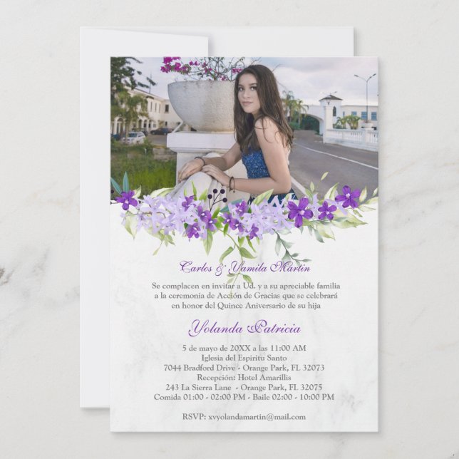 Floral Acuarela en Morado ara Quinceañera (Front)