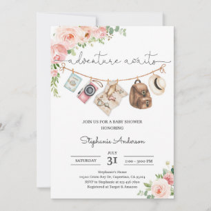 Floral Adventure World Map Baby Shower Invitation