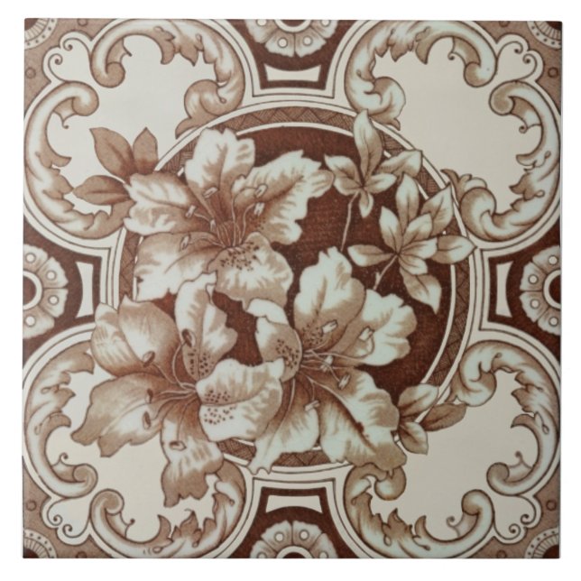 Floral Aesthetic Victorian Brown Beige Cream Repro Tile (Front)