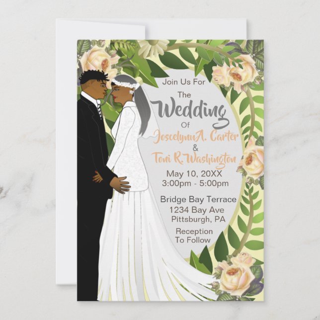 Floral African American Bride & Groom Wedding Invitation (Front)