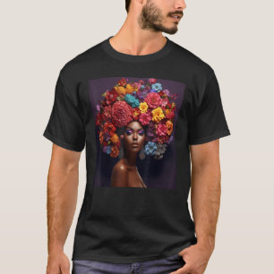 Floral Afro Woman Black Queen Puff Melanin Rainbow T-Shirt